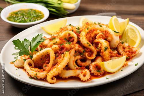 Broiled calamari and zucchini on the plate, restaurant menu dish.