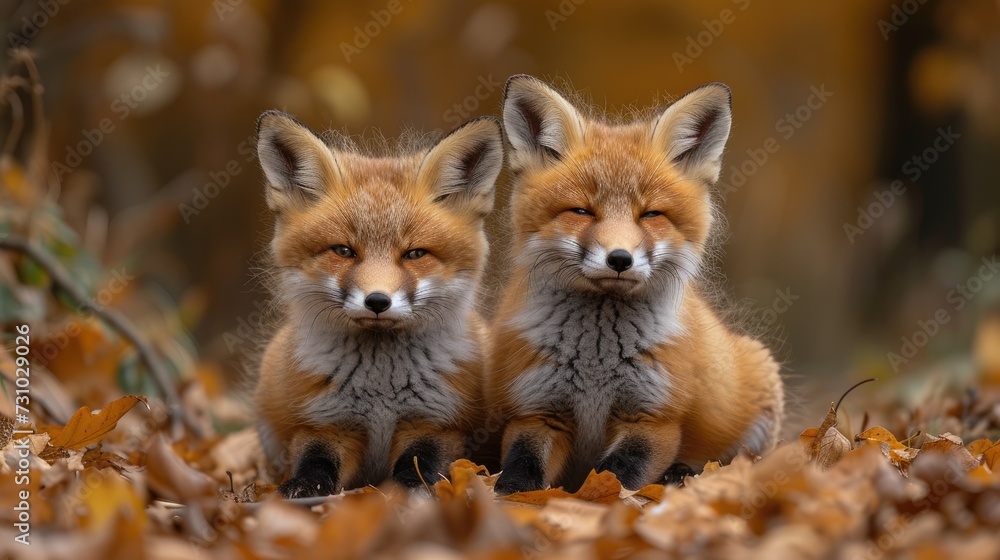 Twin Foxes in Autumn Leaves Captivating Portrait. Twin Foxes in Autumn Leaves Captivating Portrait.