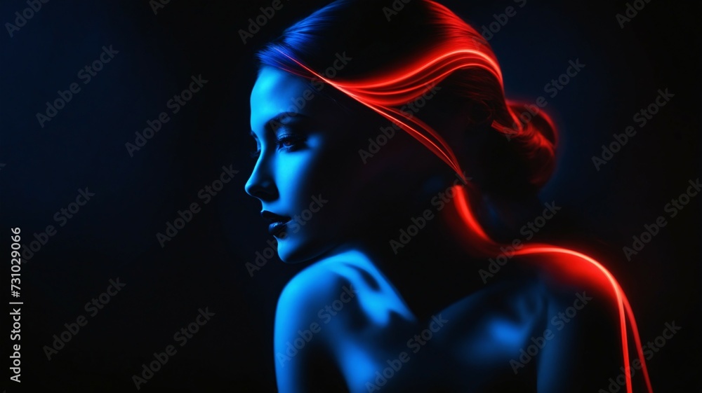 Stunning portrait of a girl in red and blue style. Artistic background enhances her allure. Stunning portrait of a girl in red and blue style. Artistic background enhances her allure.