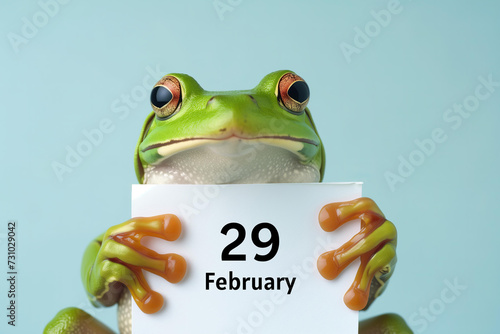 green frog holding a white paper with text 29 February on a pastel blue background, leap day