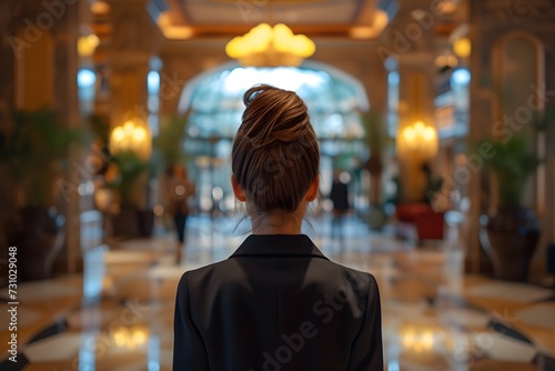 Woman Looking Through Hotel Lobby
