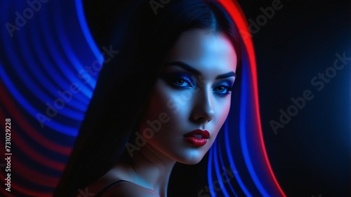 Spectacularly styled girl mesmerizes in red and blue. Backdrop artistry adds depth to her beauty.
