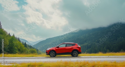 
A modern red crossover stands on the road in a beautiful location, the car is fully visible, against the backdrop of picturesque nature, uncluttered background, daytime.