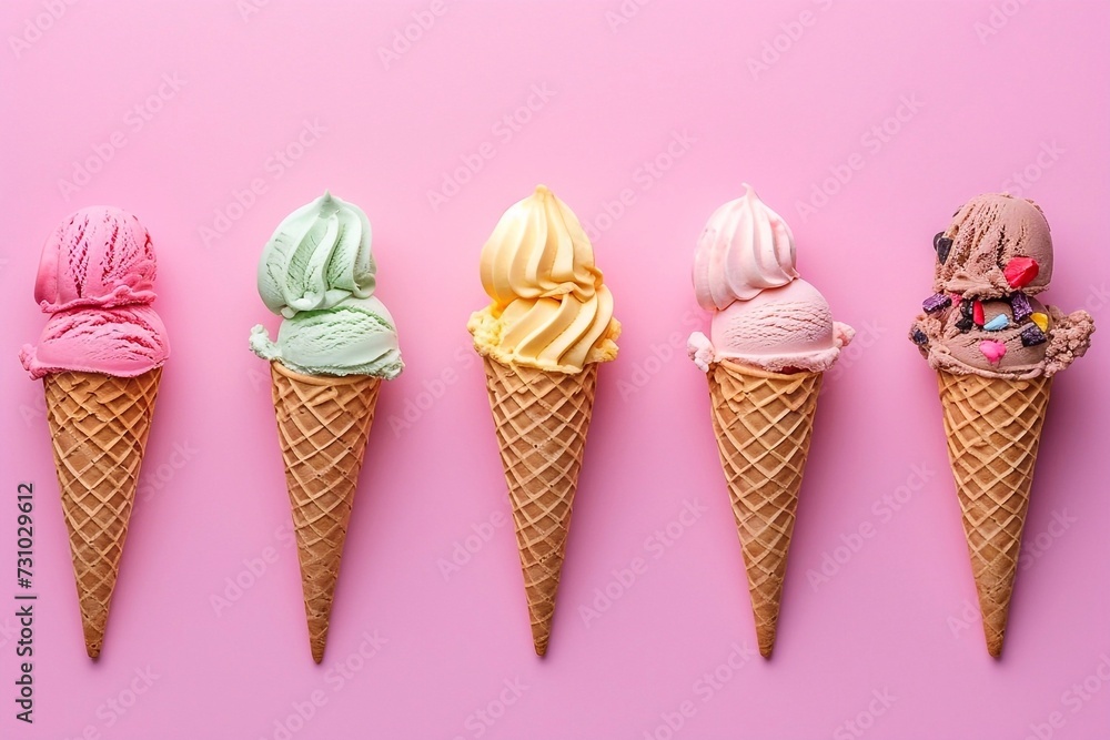 Colorful ice cream in waffle cones on pink background, top view