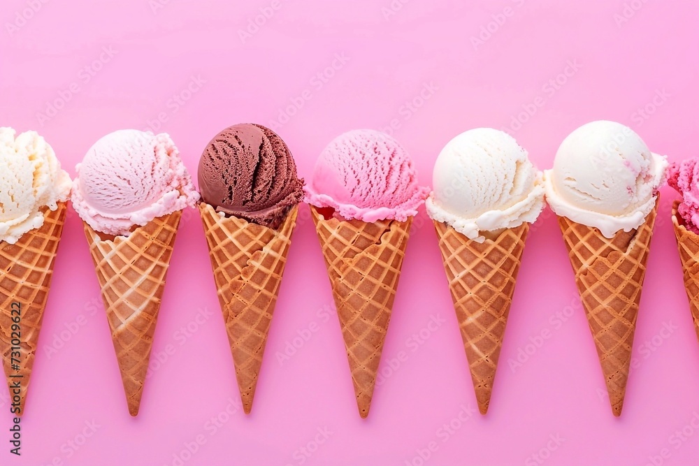 Ice cream scoops in waffle cones on pink background, top view Ice cream scoops in waffle cones on pink background, top view