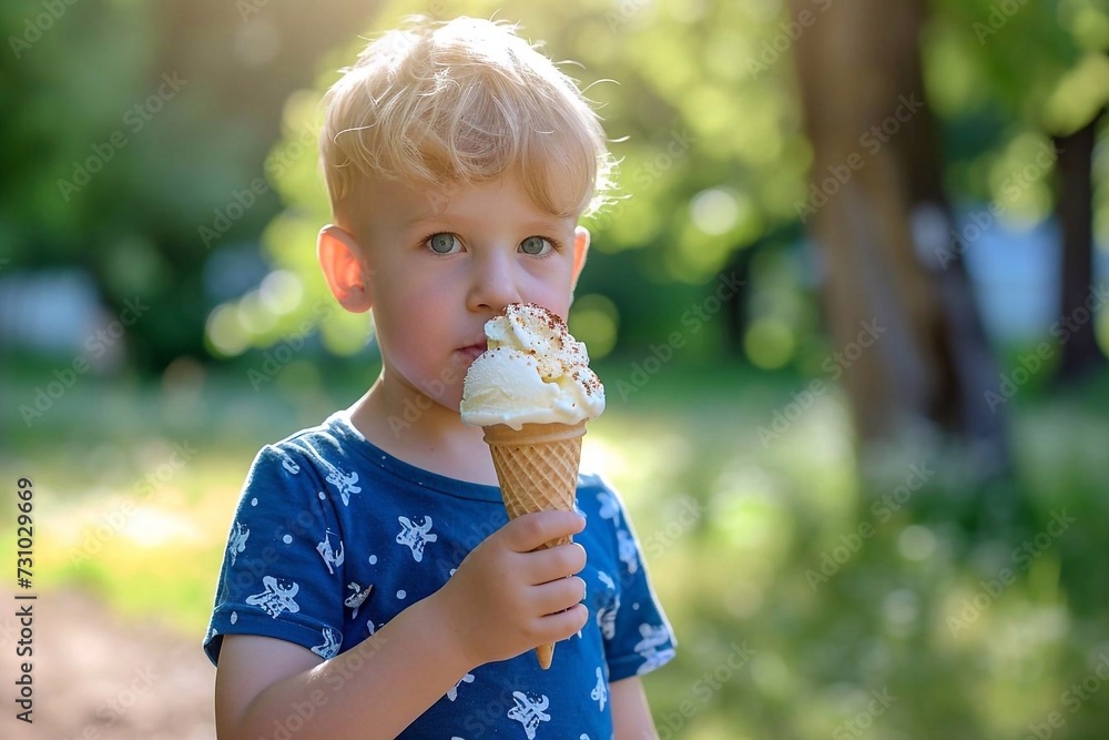 A blond little boy in a blue t-shirt eats ice cream in a summer park. A blond little boy in a blue t-shirt eats ice cream in a summer park.