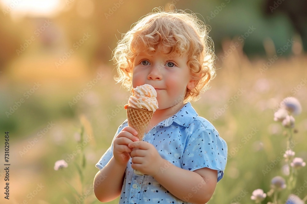 Cute little boy with curly hair eating ice cream in summer field Cute little boy with curly hair eating ice cream in summer field