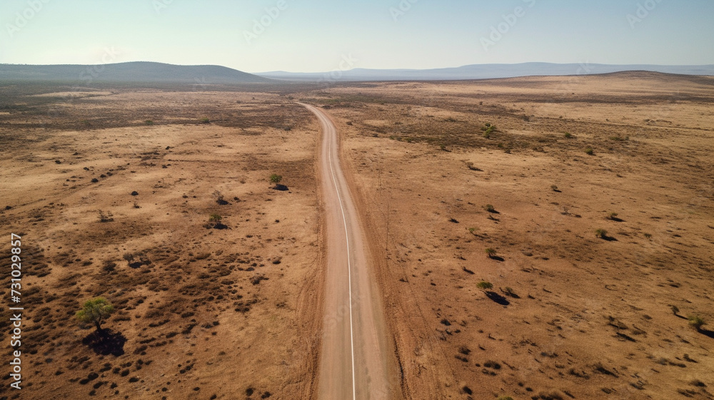 Top view of a highway through the American steppe or desert.