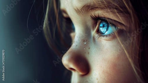 Little girl with eye sad and hopeless. Human trafficking and fear child concept