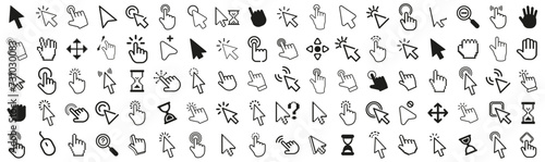 Click cursor icon collection. Set of computer mouse symbol. Arrow, hand, hourglass, mouse, zoom click icons. Computer mouse click cursor arrow and loading icons. Mouse click cursor symbol