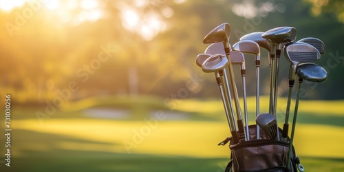 A bag of golf clubs standing on a blurred golf course background