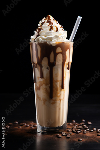 Frappe with a straw, on a dark background.