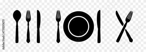 Spoon, fork, knife and plate black icon collection. Set of black kitchen icons