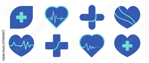 Medical icons collection. Heartbeat, cross, heart, cardiogram icons collection