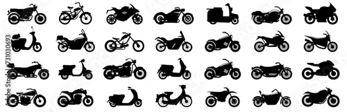 Different types of motorcycle vehicle silhouette. Black motorcycle silhouette collection. Set of black motorbike icon silhouette