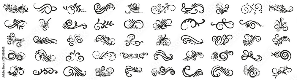 Swirl ornament decoration collection. Set of black swirl ornament frame design element. Ornamental curls, swirls divider
