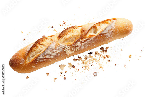 Freshly Baked Baguette with Crumbs Floating on Transparent Background - High-Quality PNG Image