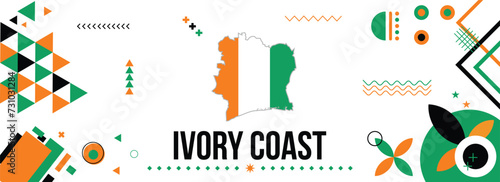 Ivory Coast national or independence day banner for country celebration. Flag and map of Cote Divoire with raised fists. Modern retro design with typorgaphy abstract geometric icons.