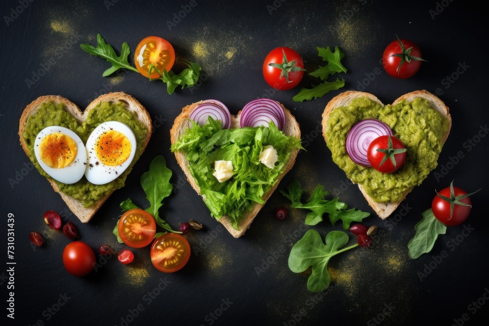 Valentine's Day heart shaped sandwiches with vegetables, tomatoes, cucumber on black background. Vegan food. View from above. Flat lay composition.