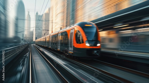 Passenger train in motion in a city, in the style of light navy and orange.