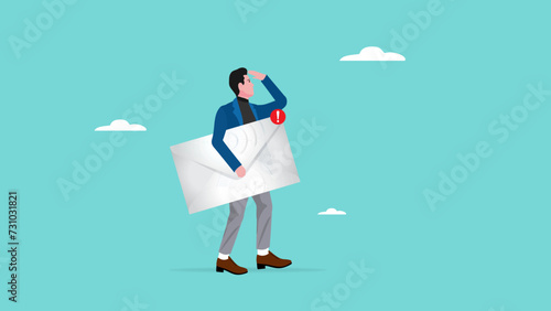 email marketing, looking for customers via email concept, sending email newsletter for discount or promotion information, businessman standing carrying email envelope while looking for a recipient