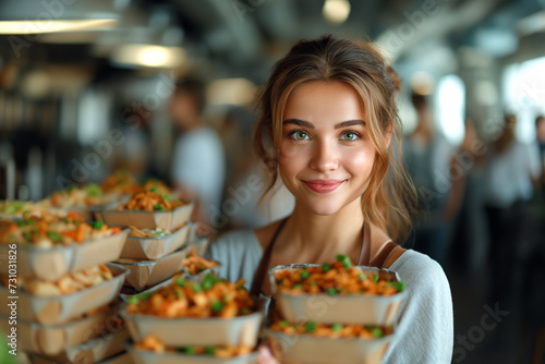 Portrait of smiling woman holding stack of takeaway food