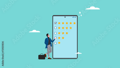 survey evaluation of work result, good rating from customers, evaluate opinions from customers, five star rating, businessman standing aside big smart phone with five stars ratting vector illustration