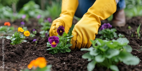 Close-up of a gardener's hands in gloves planting spring flowers