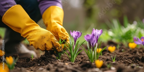 Close-up of a gardener's hands in gloves planting spring flowers