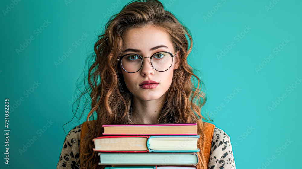 young woman with curly hair and round glasses holding a neat stack of colorful books, set against a teal background young woman with curly hair and round glasses holding a neat stack of colorful books, set against a teal background