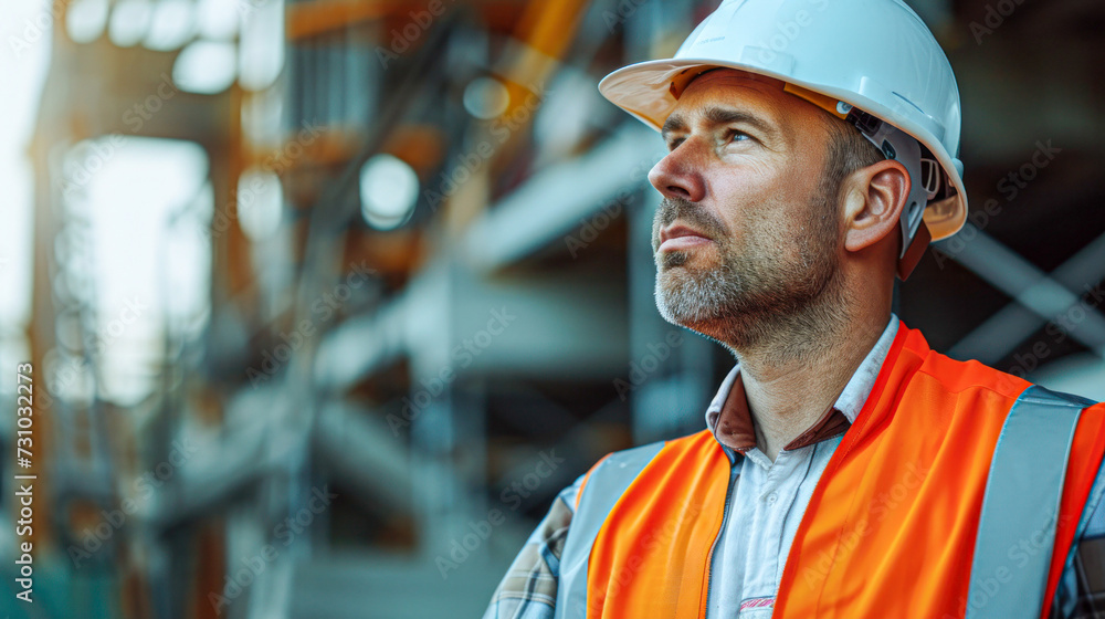Close-up of a pensive construction worker in safety gear with a reflective vest and hard hat at an industrial facility. Close-up of a pensive construction worker in safety gear with a reflective vest and hard hat at an industrial facility.