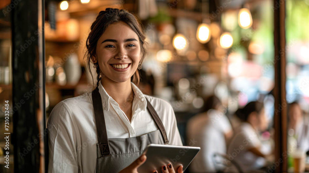 A welcoming waitress in a casual apron smiles as she takes customer orders on a digital tablet in a bustling restaurant. A welcoming waitress in a casual apron smiles as she takes customer orders on a digital tablet in a bustling restaurant.
