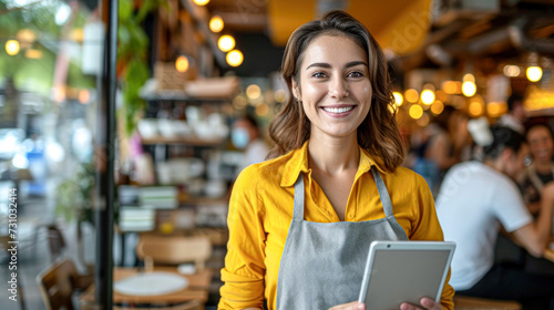 A welcoming waitress in a casual apron smiles as she takes customer orders on a digital tablet in a bustling restaurant. photo
