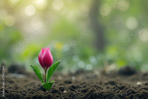 A blooming flower emerging from the ground. with copy space for text