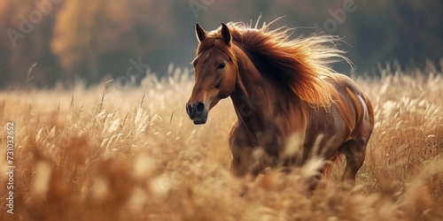 beautiful horse rushing through tall green grass