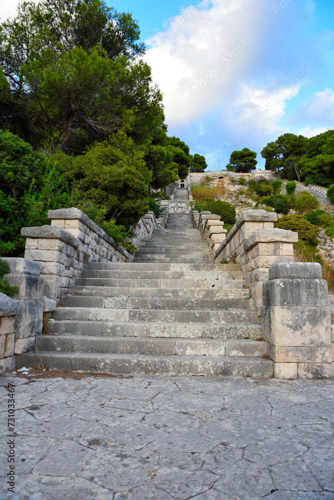 monumental staircase and waterfall at the basilica and sanctuary Santa Maria De Finibus Terrae santa maria di luca italy