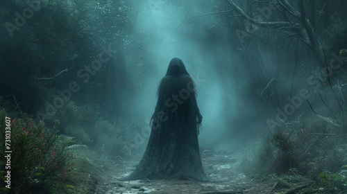 forest witch in the foggy forest