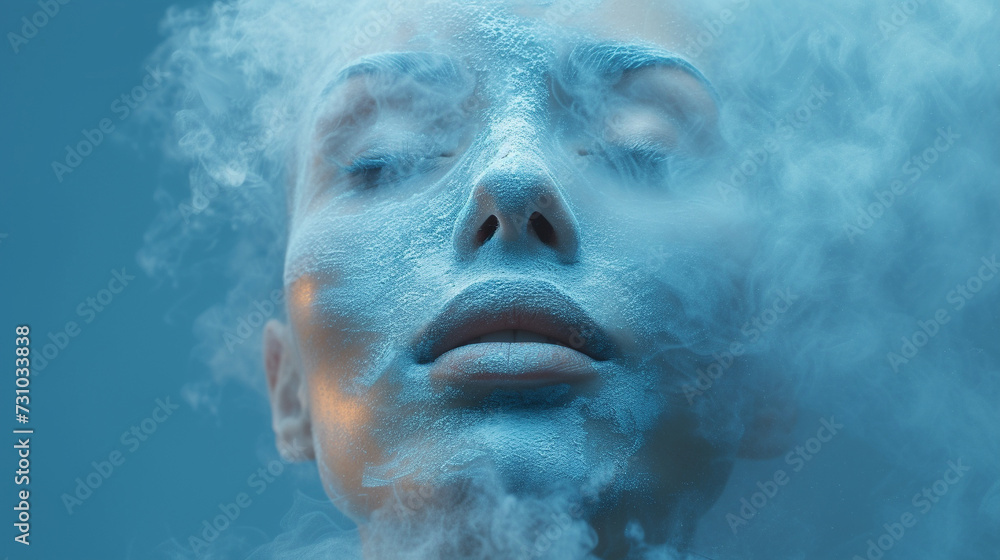 Close-up of model's face with dust and smoke