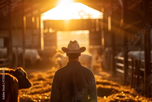 Man Standing in Cattle Barn at Sunset © vanilnilnilla