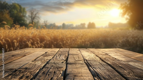 The empty wooden table top with wheat farm background