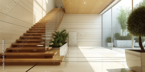 Modern architecture interior with wooden stairs in a modern storey house.