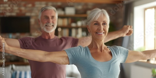 shot of a happy smiling mature senior couple doing gymnastics exercises together at home.