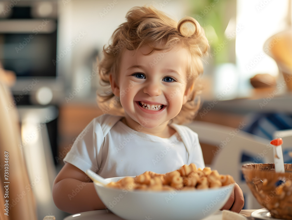 Caucasian Toddler Boy Having Cereal Breakfast Caucasian Toddler Boy Having Cereal Breakfast