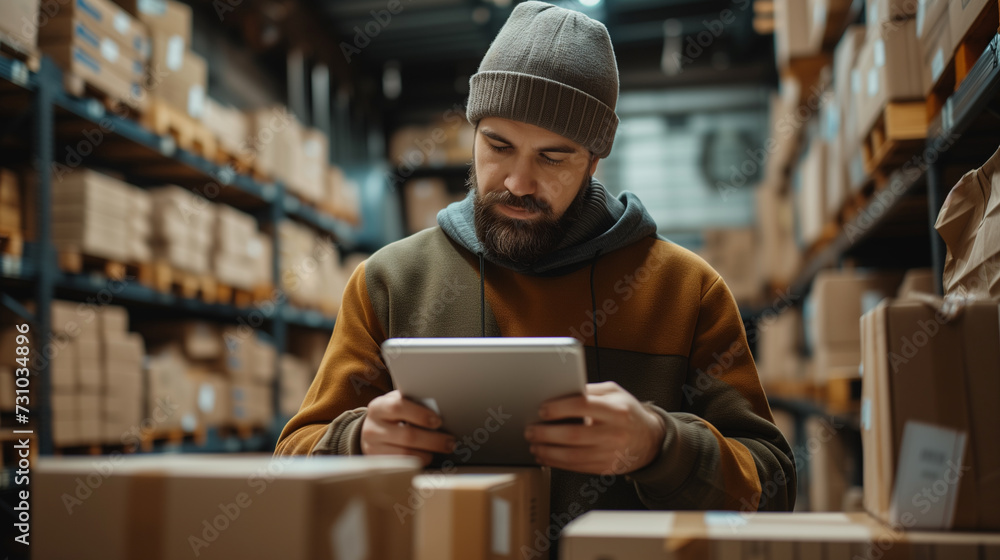 Focused male employee in casual clothing and beanie using a tablet to manage inventory in a modern warehouse setting. Focused male employee in casual clothing and beanie using a tablet to manage inventory in a modern warehouse setting.