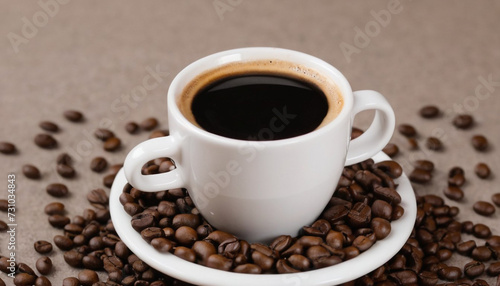 white small cup of coffee espresso background of scattered beans 2