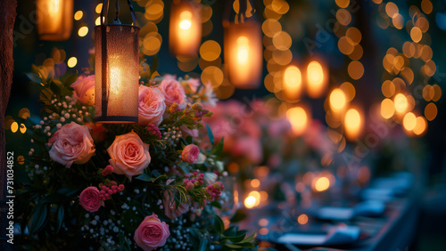 An exquisite table setting features a lush floral centerpiece surrounded by glowing candles, creating a romantic ambiance.