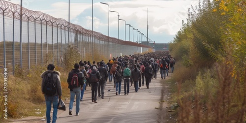 The problem of migrants. A crowd of people walking along the road along a high fence. photo