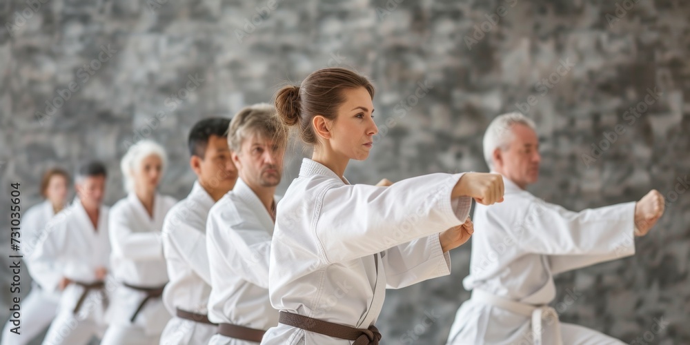 Practice Kata Women and men of different ages practice kata during group karate ...
