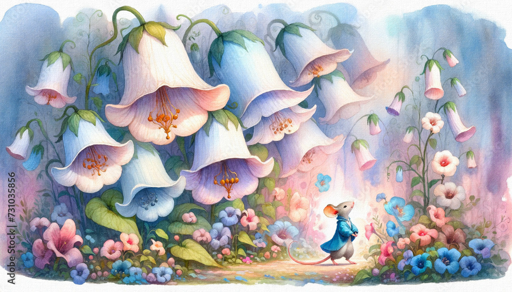Watercolor painting of cute mouse walking through a colorful garden of giant bell flowers. Beautiful heartwarming image for kids designs and illustrations. Canvas texture.