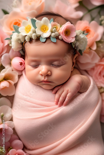 A newborn baby lies in a delicate bed wrapped in cloth and headband with blue flower.